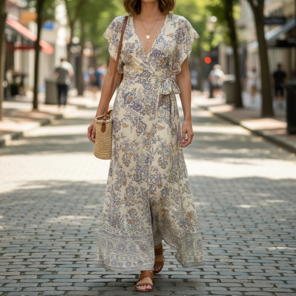 Olivaceous Floral Paisley True Wrap Maxi Dress